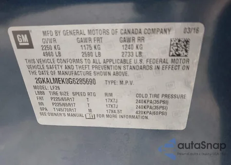 2016 GMC Terrain Sle-1 из США, поврежденный, VIN 2GKALMEK0G6285690